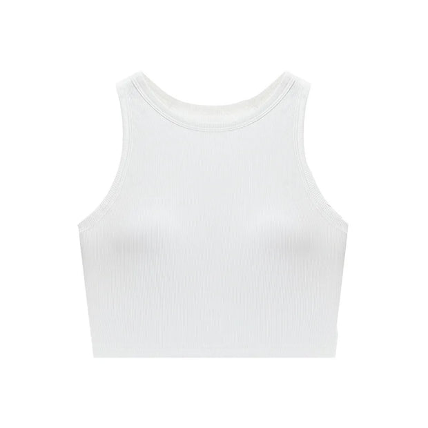 Casual Basic Sleeveless Crop Tops Femme Women Tank Top Round Neck Ribbed Tank Top With Bra