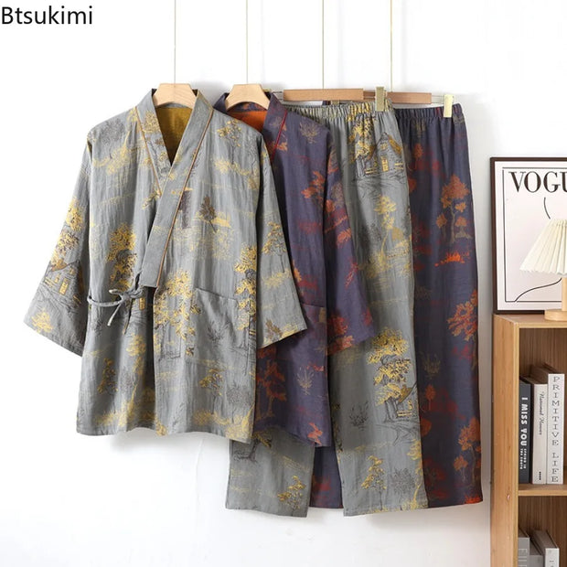 Men's Roomwear Cotton Kimono Pajamas Robes for Spring Jacquard Printed Home Clothing Medium Length Oversized Breathable Bathrobe