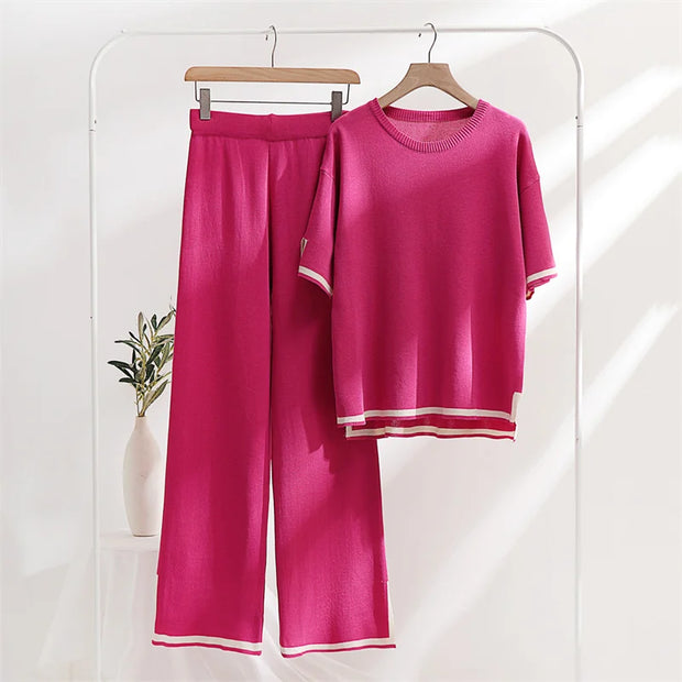 Loungewear Summer Knit Pajama Sets Women Slit Knitted Two Piece Set Women Casual Short Sleeve Knitted Two Piece Sets Women 2024