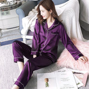 Women's Sleepwear Simple Satin Pajama Set Long Sleeve Buttons Lapel Top With Elastic Pants Loungewear Nightwear 2 Piece Nighty