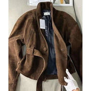Women's Clothing Coffee Brown Suede Velvet Fitted Waist Short Jacket Korean Style Light Mature Style Windproof Trench Coat