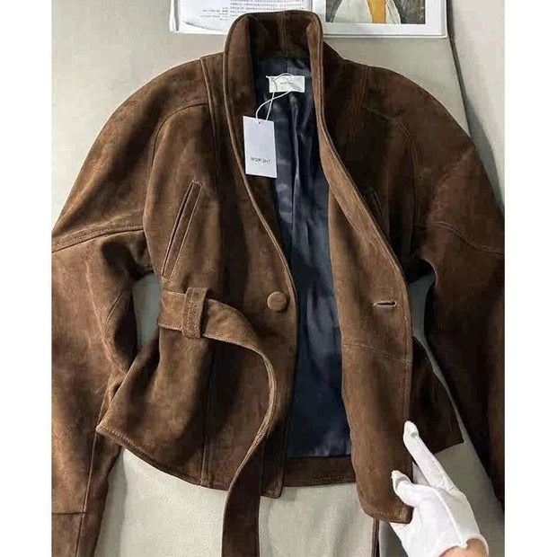 Women's Clothing Coffee Brown Suede Velvet Fitted Waist Short Jacket Korean Style Light Mature Style Windproof Trench Coat