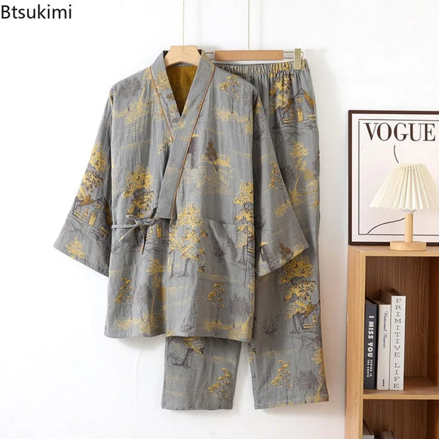 Men's Roomwear Cotton Kimono Pajamas Robes for Spring Jacquard Printed Home Clothing Medium Length Oversized Breathable Bathrobe