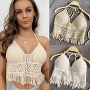 Boho Crochet Halter Top for Women Summer Beach Knit Crop Top with Tassels Backless Sleeveless Bralette