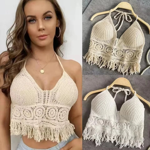 Boho Crochet Halter Top for Women Summer Beach Knit Crop Top with Tassels Backless Sleeveless Bralette