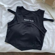 Casual Crop Tops Women Knit Irregular Tops Hollow Out Camisole Fake Two Pieces Tank Tops with Bra Pad Women 2024 Summer