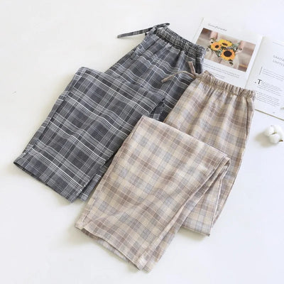 100% Cotton Plaid Pajama Pants for Men Unisex Sleep Bottoms with Elastic Waist Drawstring Lounge Pants Casual Loose Home Wear