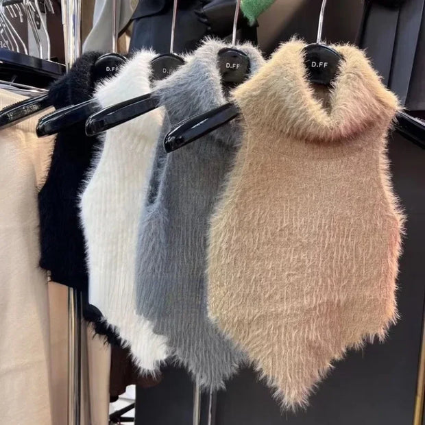 Sweet Crop Knitwear Tanks Tops Women Autumn Winter Turtleneck Furry Backless Hot Female Sexy Design Stylish Party Clubwear New