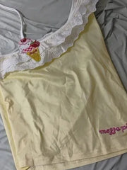 Yellow Crop Tops Women Summer Cute Bows Decoration Two Layers of Lace Trim Lolita Style Cropped for Sweet Girls Kawaii Clothes