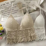 Boho Crochet Halter Top for Women Summer Beach Knit Crop Top with Tassels Backless Sleeveless Bralette