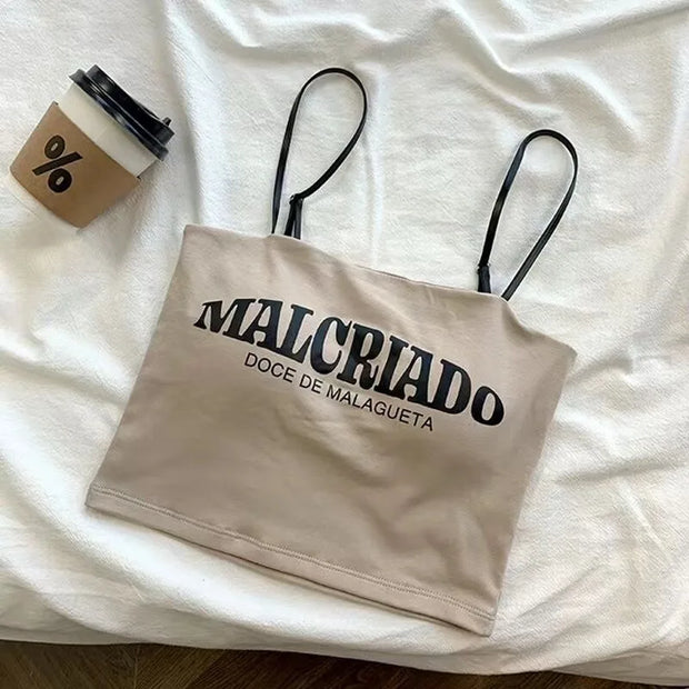 Sexy Crop Tops Women Summer Shirring Sleeveless Slim Camis Tops Bodycon with Chest Pad letter Fashion Casual Soft Tops Female