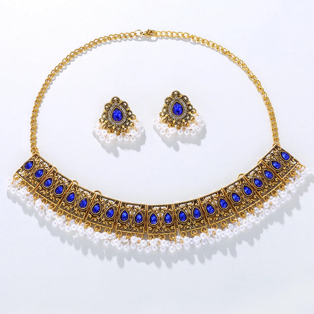 Luxury Vintage Indian Jewelry Set Antique Gold Plated Crystal Zircon Necklace Earrings Sets Ethnic Bridal Wedding Bijoux Gifts