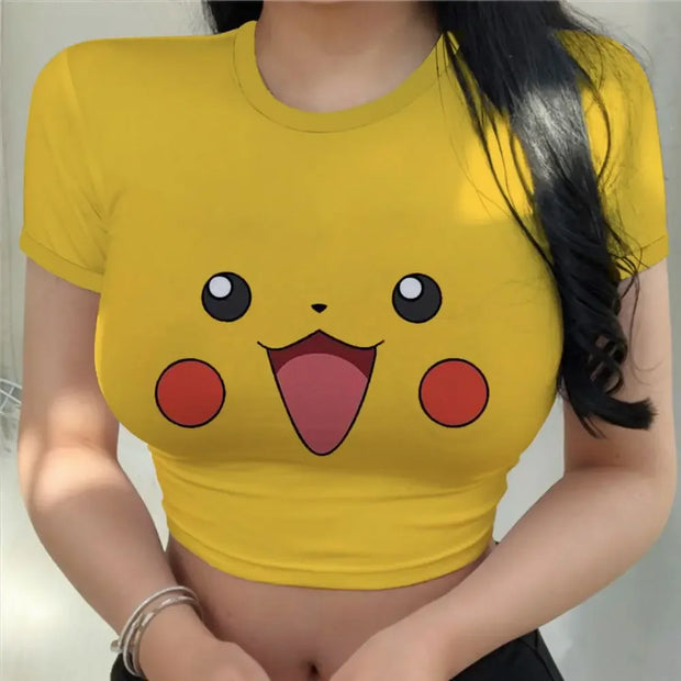 Crop Top 2025 Pikachu T-shirts T-shirt Woman Clothing Summer Fashion O Neck Girls New Y2k Tops Kawaii Short Sleeve Tee Pikachu