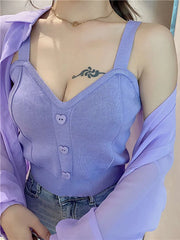 Heliar Women Knitted Crop Tops Y2K Cute Button Up V-Neck Sleeveless Straps Tops Sexy Crop Tops For Women 2025 Summer