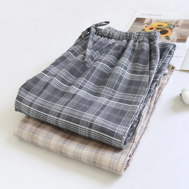 100% Cotton Plaid Pajama Pants for Men Unisex Sleep Bottoms with Elastic Waist Drawstring Lounge Pants Casual Loose Home Wear