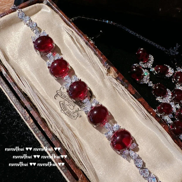 Fashion Women's S925 Silver Jewelry Set Geometric Lab Ruby Necklace Earrings Ring Bracelet Elegant Party Jewelry Wedding Jewelry