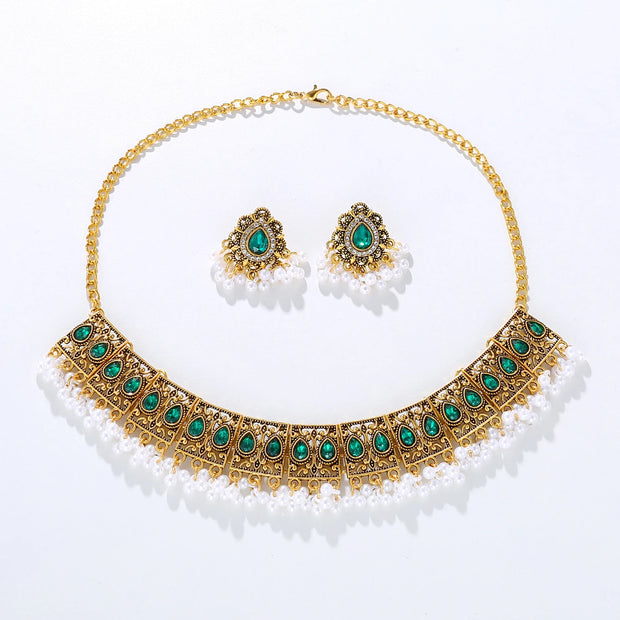 Luxury Vintage Indian Jewelry Set Antique Gold Plated Crystal Zircon Necklace Earrings Sets Ethnic Bridal Wedding Bijoux Gifts