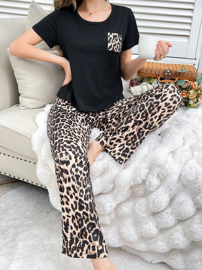 Women's Pajamas Set with Leopard Print, Comfortable with Pockets, Short-Sleeved Top and Long Pants, Can Be Worn Outside as Loungewear