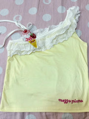 Yellow Crop Tops Women Summer Cute Bows Decoration Two Layers of Lace Trim Lolita Style Cropped for Sweet Girls Kawaii Clothes