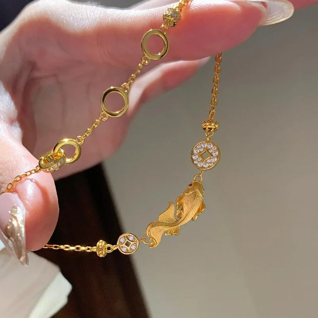 Vintage antique gold craftsm brushed luxury fish koi necklace bracelet diamond inlay exquisite high-quality jewelry sets