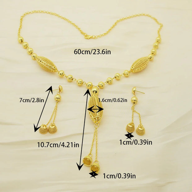 24K gold-plated two-piece jewelry set, Dubai jewelry, India, twisted geometric necklace earrings, bridal party gift