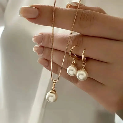 3 Pcs Round Pearl Jewelry Set Of Earring Pendant Necklace For Women Exquisite Fashion Rhinestone Double Wedding Jewelry Set Gift