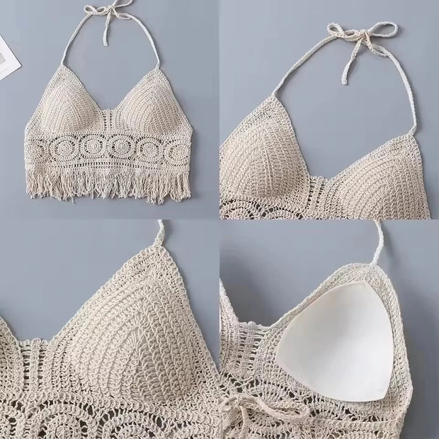 Boho Crochet Halter Top for Women Summer Beach Knit Crop Top with Tassels Backless Sleeveless Bralette