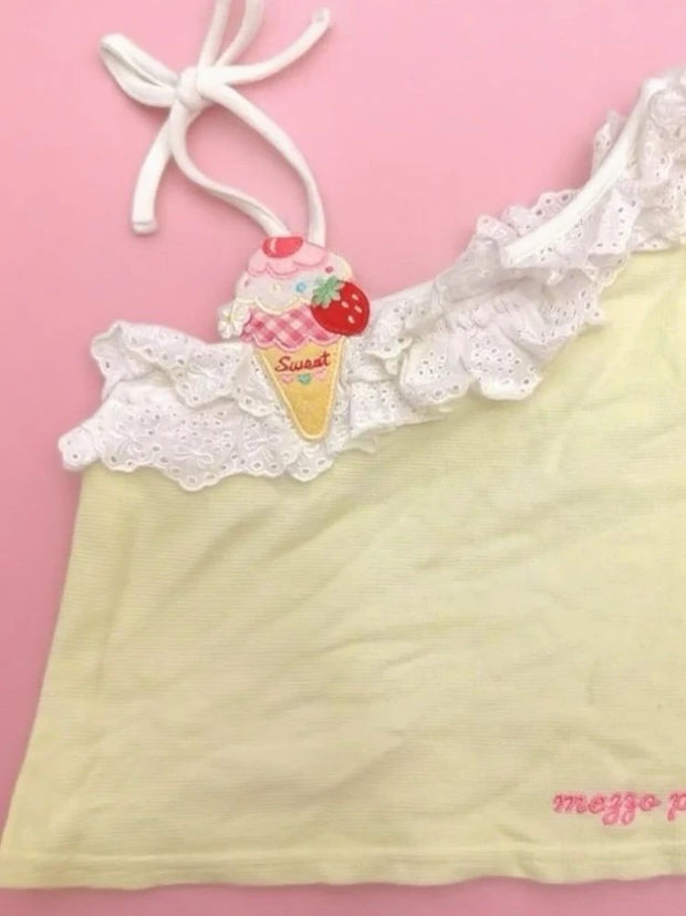 Yellow Crop Tops Women Summer Cute Bows Decoration Two Layers of Lace Trim Lolita Style Cropped for Sweet Girls Kawaii Clothes