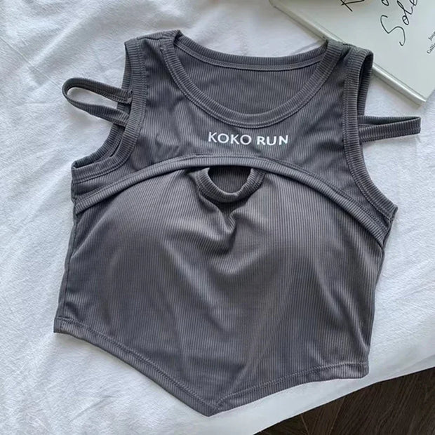 Casual Crop Tops Women Knit Irregular Tops Hollow Out Camisole Fake Two Pieces Tank Tops with Bra Pad Women 2024 Summer