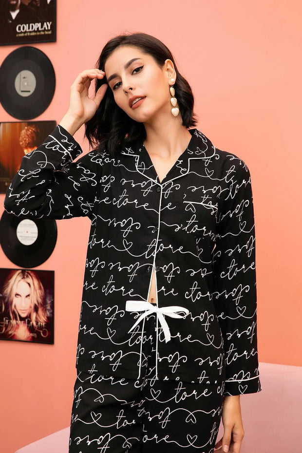 Lounge Print Women Pajama Sets Sleep Underwear Single Breasted Blouses Spliced Straight Ankle Length Pants Casual Loose