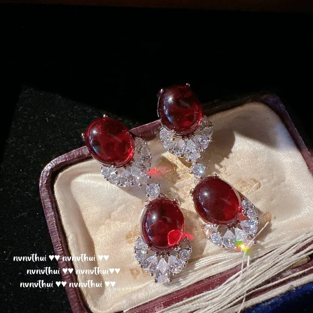 Fashion Women's S925 Silver Jewelry Set Geometric Lab Ruby Necklace Earrings Ring Bracelet Elegant Party Jewelry Wedding Jewelry