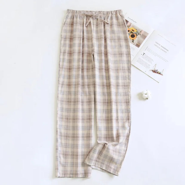 100% Cotton Plaid Pajama Pants for Men Unisex Sleep Bottoms with Elastic Waist Drawstring Lounge Pants Casual Loose Home Wear