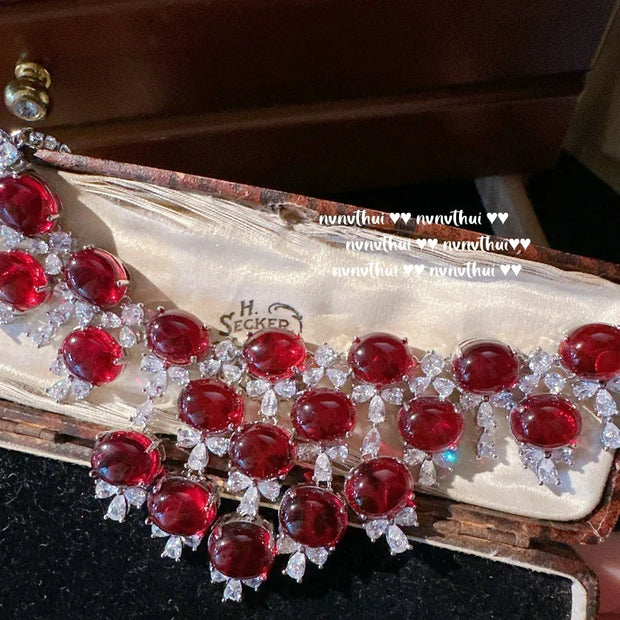 Fashion Women's S925 Silver Jewelry Set Geometric Lab Ruby Necklace Earrings Ring Bracelet Elegant Party Jewelry Wedding Jewelry