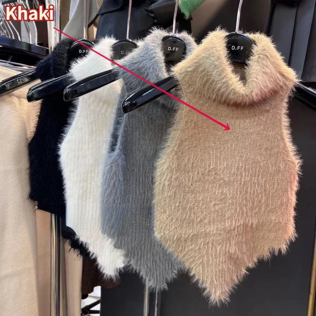 Sweet Crop Knitwear Tanks Tops Women Autumn Winter Turtleneck Furry Backless Hot Female Sexy Design Stylish Party Clubwear New