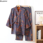Men's Roomwear Cotton Kimono Pajamas Robes for Spring Jacquard Printed Home Clothing Medium Length Oversized Breathable Bathrobe