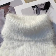 Sweet Crop Knitwear Tanks Tops Women Autumn Winter Turtleneck Furry Backless Hot Female Sexy Design Stylish Party Clubwear New