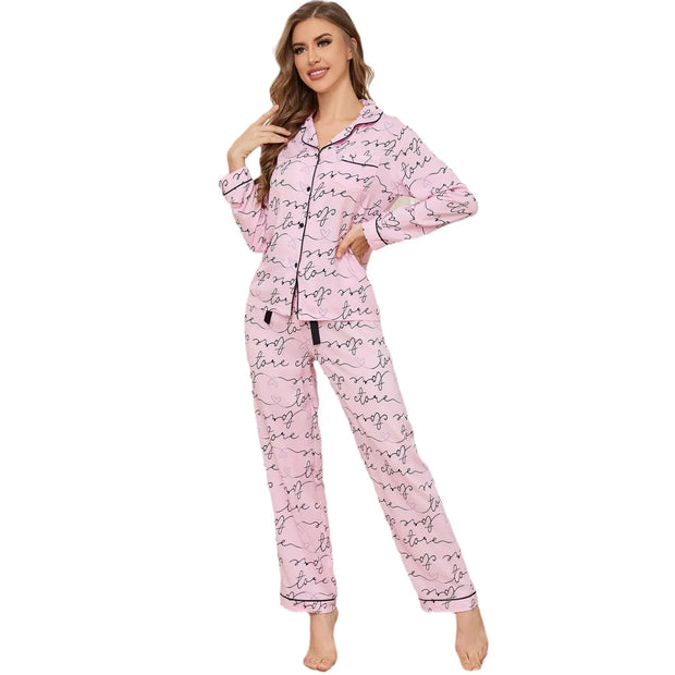 Lounge Print Women Pajama Sets Sleep Underwear Single Breasted Blouses Spliced Straight Ankle Length Pants Casual Loose