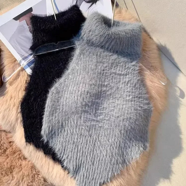 Sweet Crop Knitwear Tanks Tops Women Autumn Winter Turtleneck Furry Backless Hot Female Sexy Design Stylish Party Clubwear New