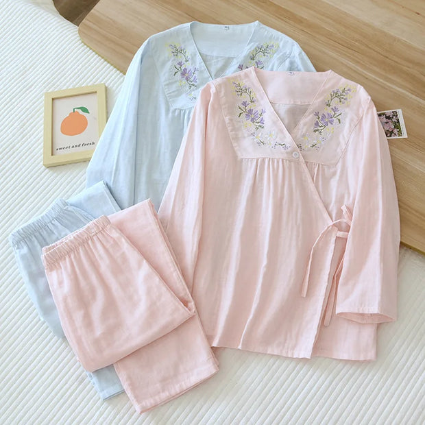 Women's Pajamas Gauze Cotton Loungewear Spring Summer V-Neck Sexy Sleepwear Embroidery Printed Trousers Pyjama Suit