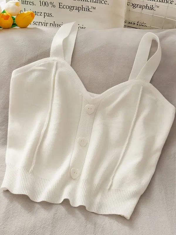 Heliar Women Knitted Crop Tops Y2K Cute Button Up V-Neck Sleeveless Straps Tops Sexy Crop Tops For Women 2025 Summer