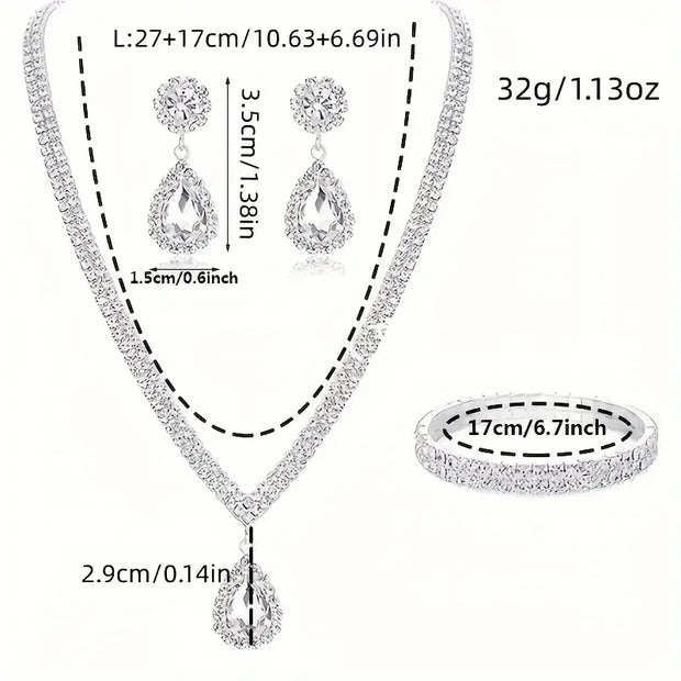 4 Pieces Luxurious Jewelry Set Exquisite Rhinestone Pendant Elegant Women's Crystal Silver Plated Necklace Earrings Bracelet Set