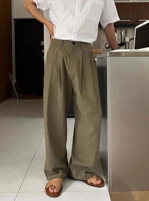 Men's Casual Linen Work Pants Loose Wide Leg Double Pleat Cotton Linen Western Trousers Trendy Long Pants Youth Vitali Sle