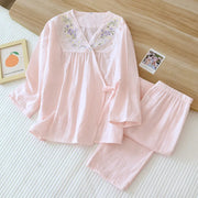 Women's Pajamas Gauze Cotton Loungewear Spring Summer V-Neck Sexy Sleepwear Embroidery Printed Trousers Pyjama Suit