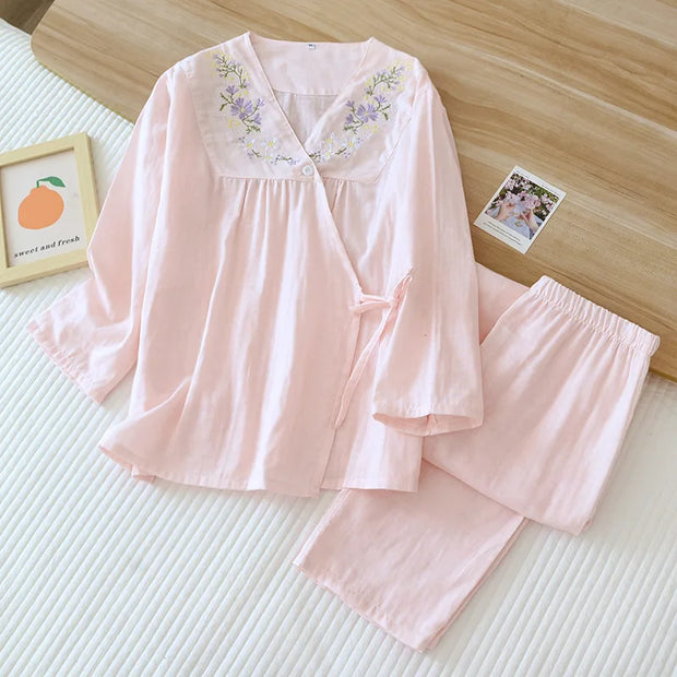 Women's Pajamas Gauze Cotton Loungewear Spring Summer V-Neck Sexy Sleepwear Embroidery Printed Trousers Pyjama Suit