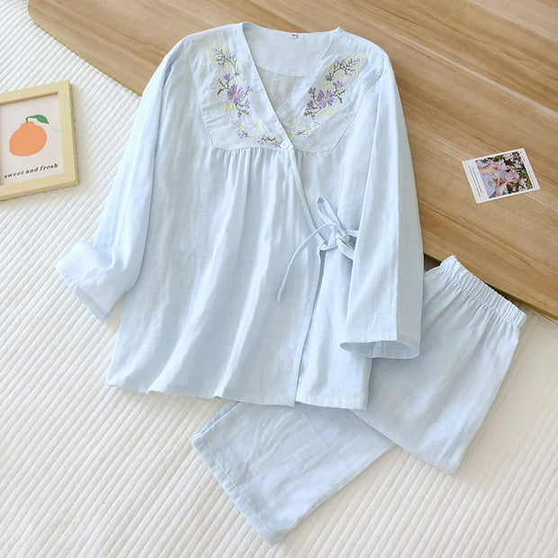 Women's Pajamas Gauze Cotton Loungewear Spring Summer V-Neck Sexy Sleepwear Embroidery Printed Trousers Pyjama Suit