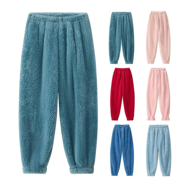 Home Wear Trousers Loose Fit Pajamas Cozy Winter Pants with Plush Elastic Waist Leg-binding Design Solid Color Lounge Bottoms