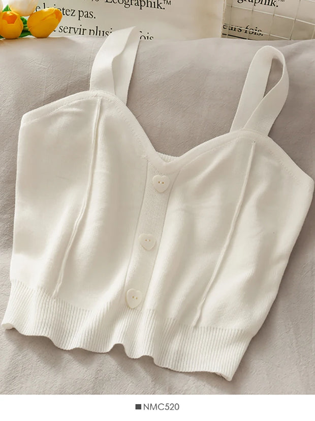 Heliar Women Knitted Crop Tops Y2K Cute Button Up V-Neck Sleeveless Straps Tops Sexy Crop Tops For Women 2025 Summer