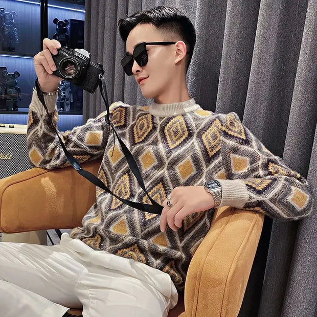 Man Clothes Argyle Round Collar Knitted Sweaters for Men Plaid Crewneck Pullovers Graphic Clothing 100 Pure Cashmere Elegant X A