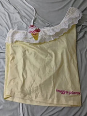 Yellow Crop Tops Women Summer Cute Bows Decoration Two Layers of Lace Trim Lolita Style Cropped for Sweet Girls Kawaii Clothes