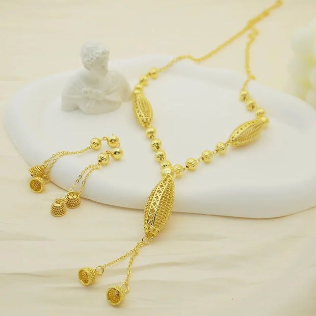 24K gold-plated two-piece jewelry set, Dubai jewelry, India, twisted geometric necklace earrings, bridal party gift